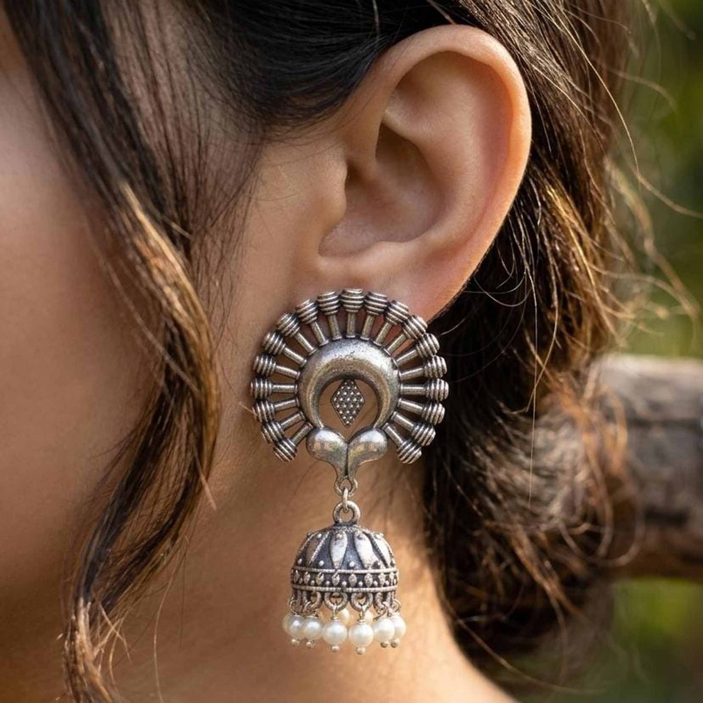 Sunburst Tribal Jhumka Earrings with Pearl Drops