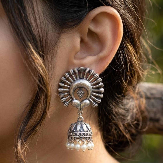 Sunburst Tribal Jhumka Earrings with Pearl Drops