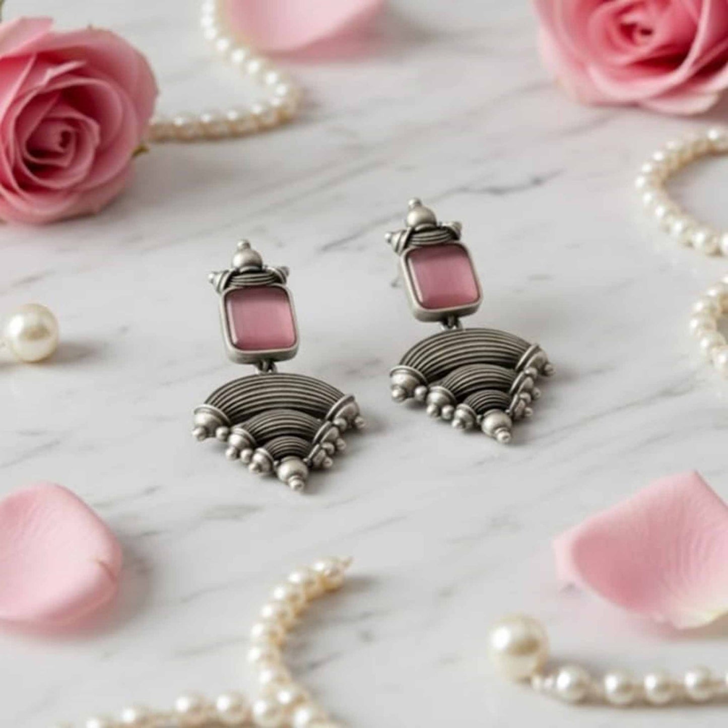 German Silver Contemporary Monalisa Stone Dangle Earrings