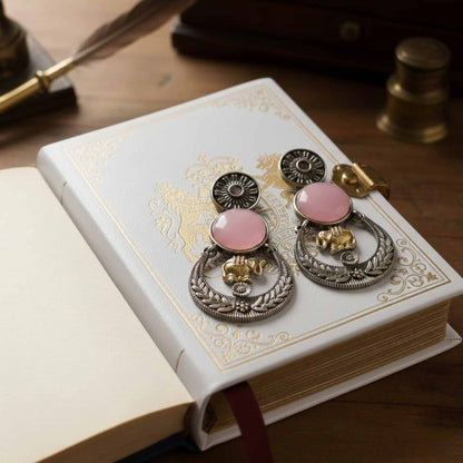 Pink Stone Elephant Charm Ethnic Earrings