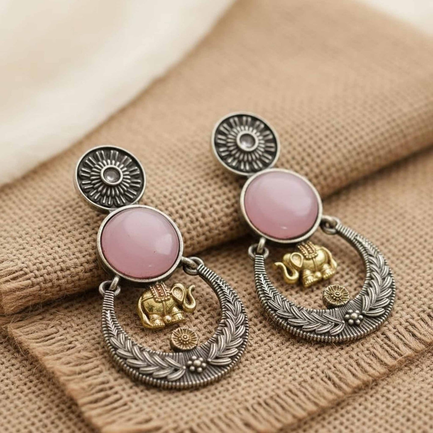 Pink Stone Elephant Charm Ethnic Earrings