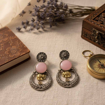 Pink Stone Elephant Charm Ethnic Earrings