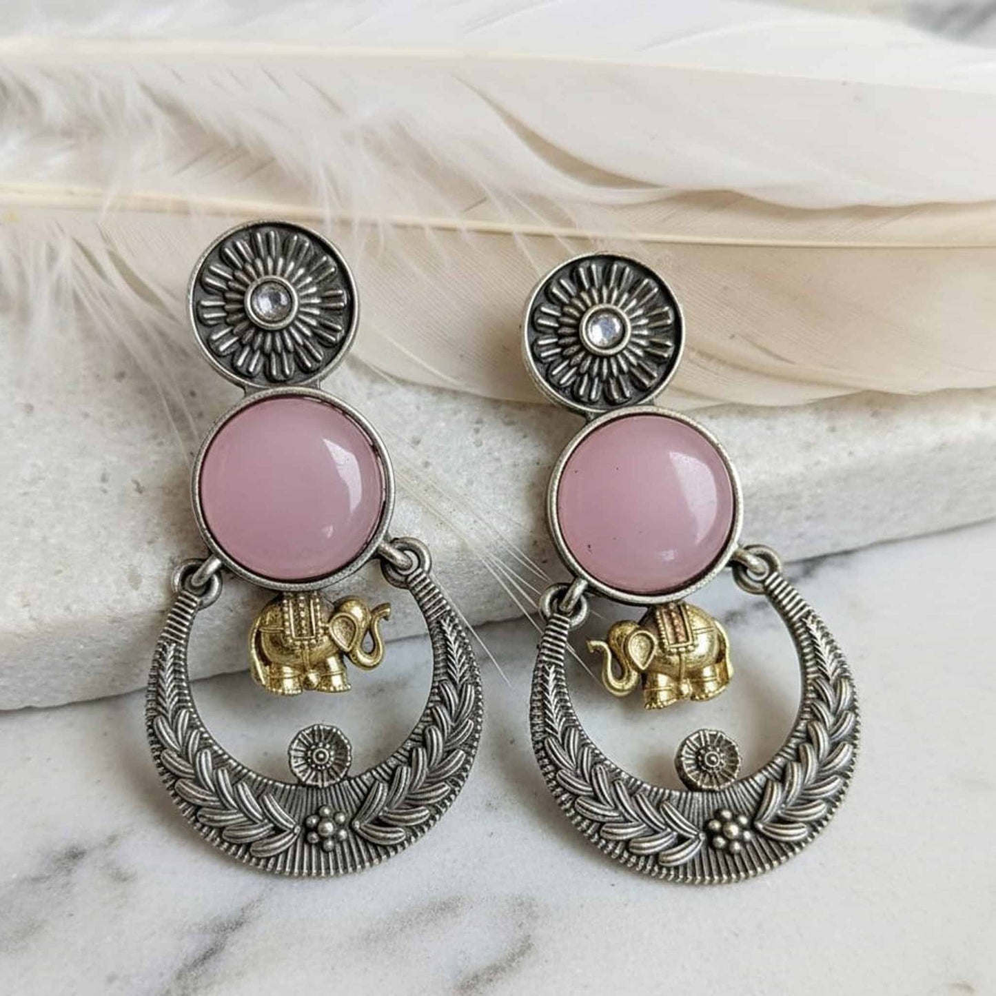 Pink Stone Elephant Charm Ethnic Earrings