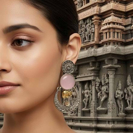 Pink Stone Elephant Charm Ethnic Earrings