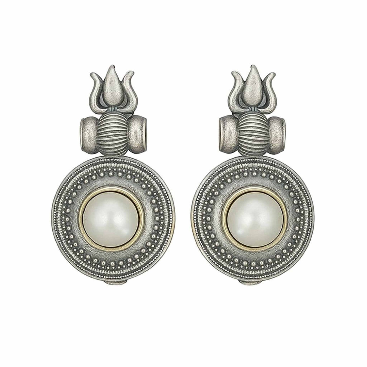 German Silver Trishul Mandala Pearl Temple Drop Earrings