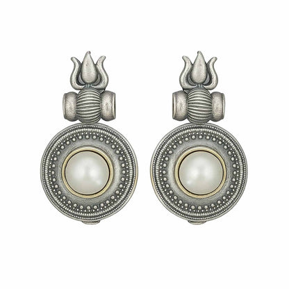 German Silver Trishul Mandala Pearl Temple Drop Earrings