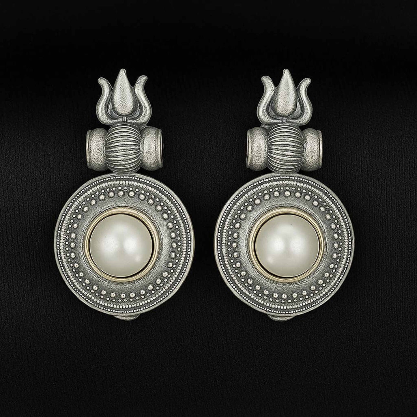German Silver Trishul Mandala Pearl Temple Drop Earrings