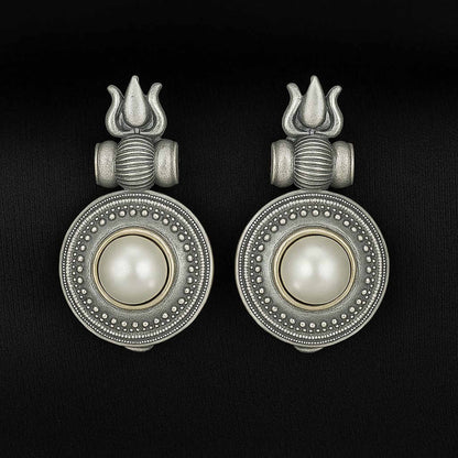 German Silver Trishul Mandala Pearl Temple Drop Earrings