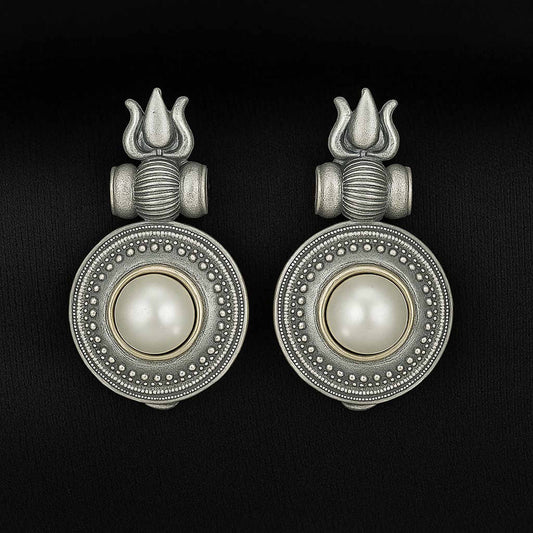 German Silver Trishul Mandala Pearl Temple Drop Earrings