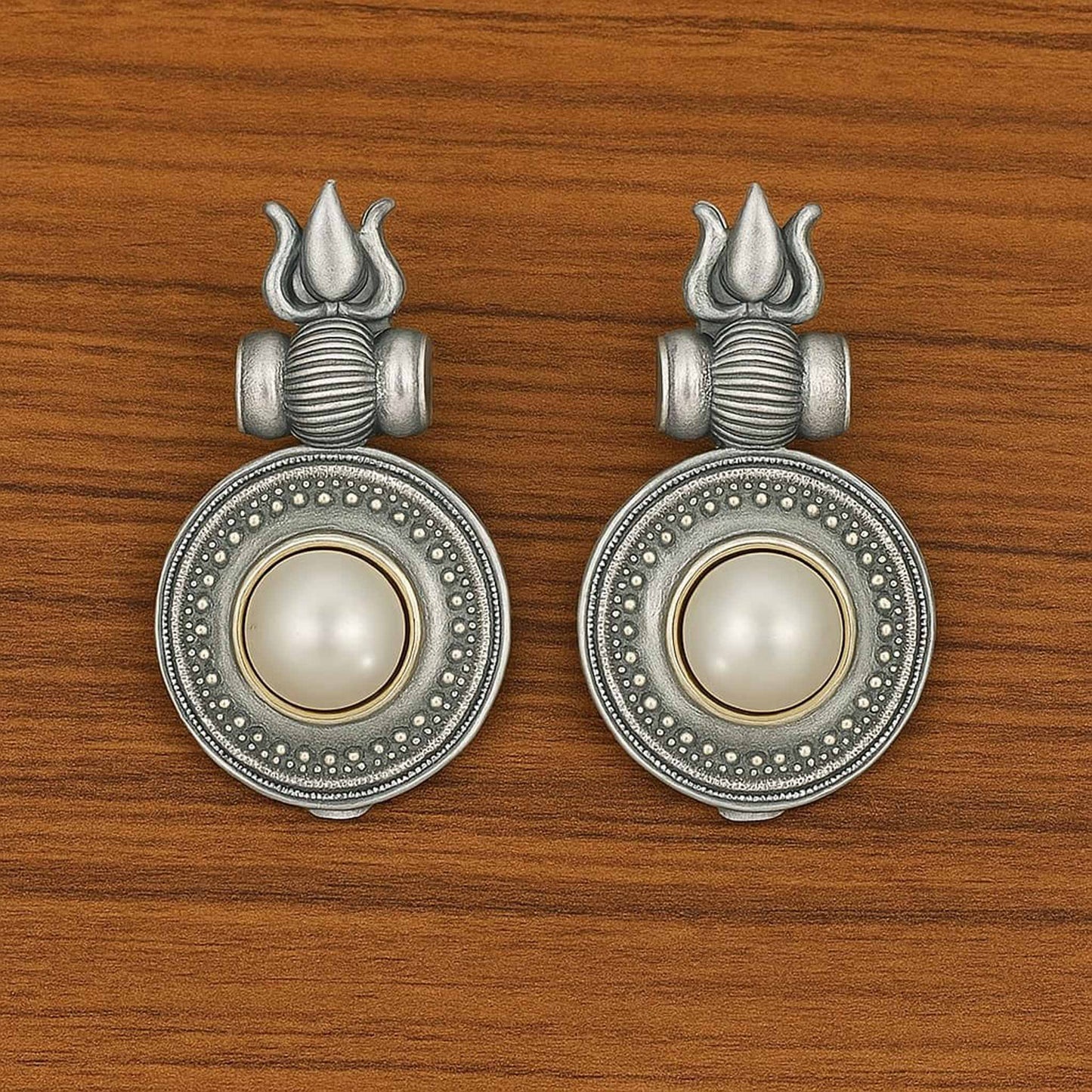 German Silver Trishul Mandala Pearl Temple Drop Earrings