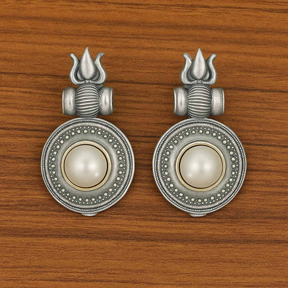 German Silver Trishul Mandala Pearl Temple Drop Earrings