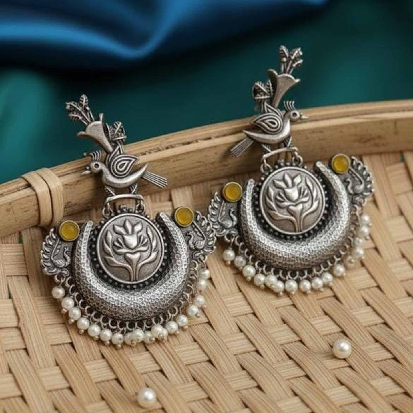 Bird & Lotus Motif German Silver Statement Chandbali Earrings