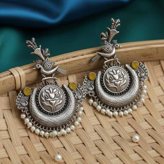 Bird & Lotus Motif German Silver Statement Chandbali Earrings