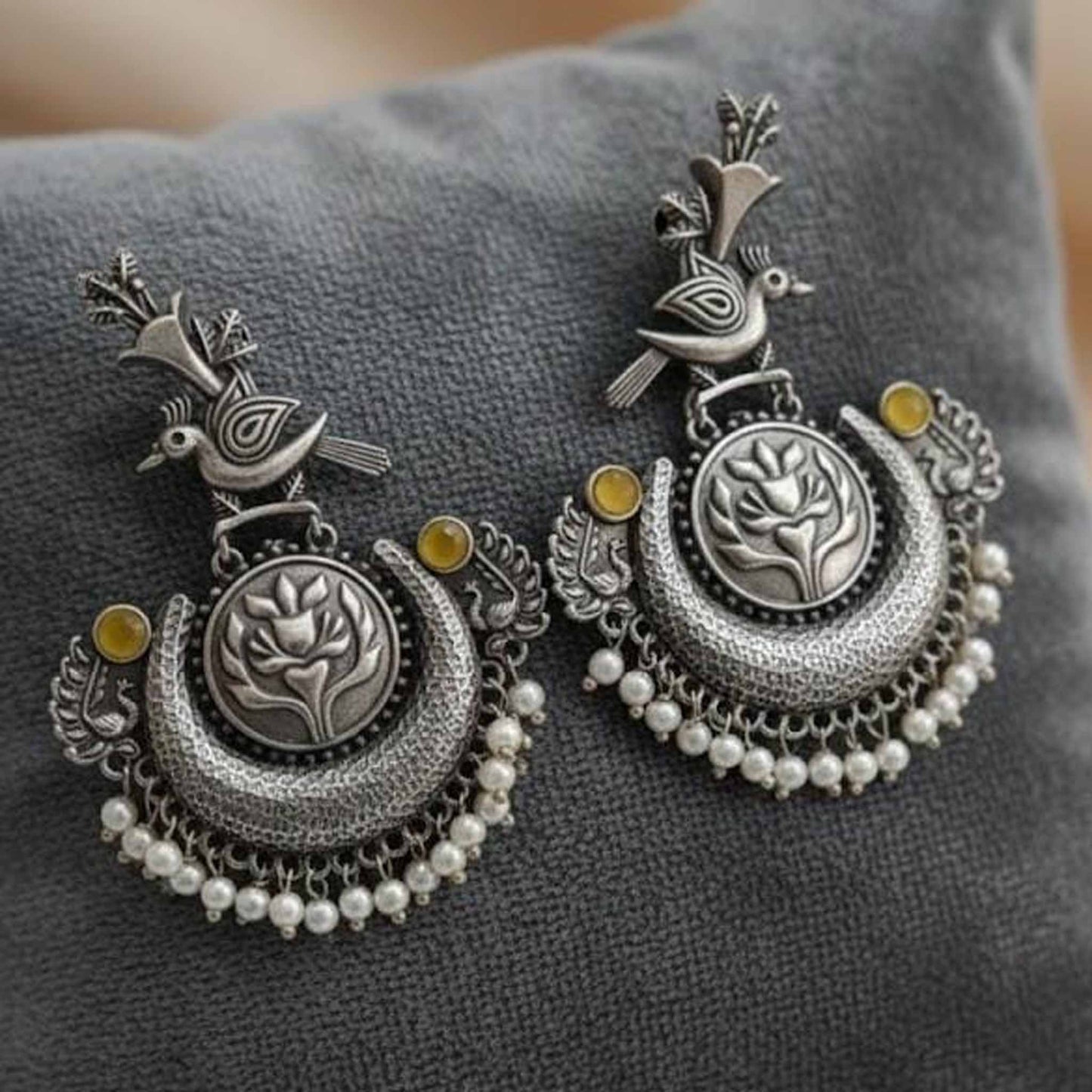 Bird & Lotus Motif German Silver Statement Chandbali Earrings