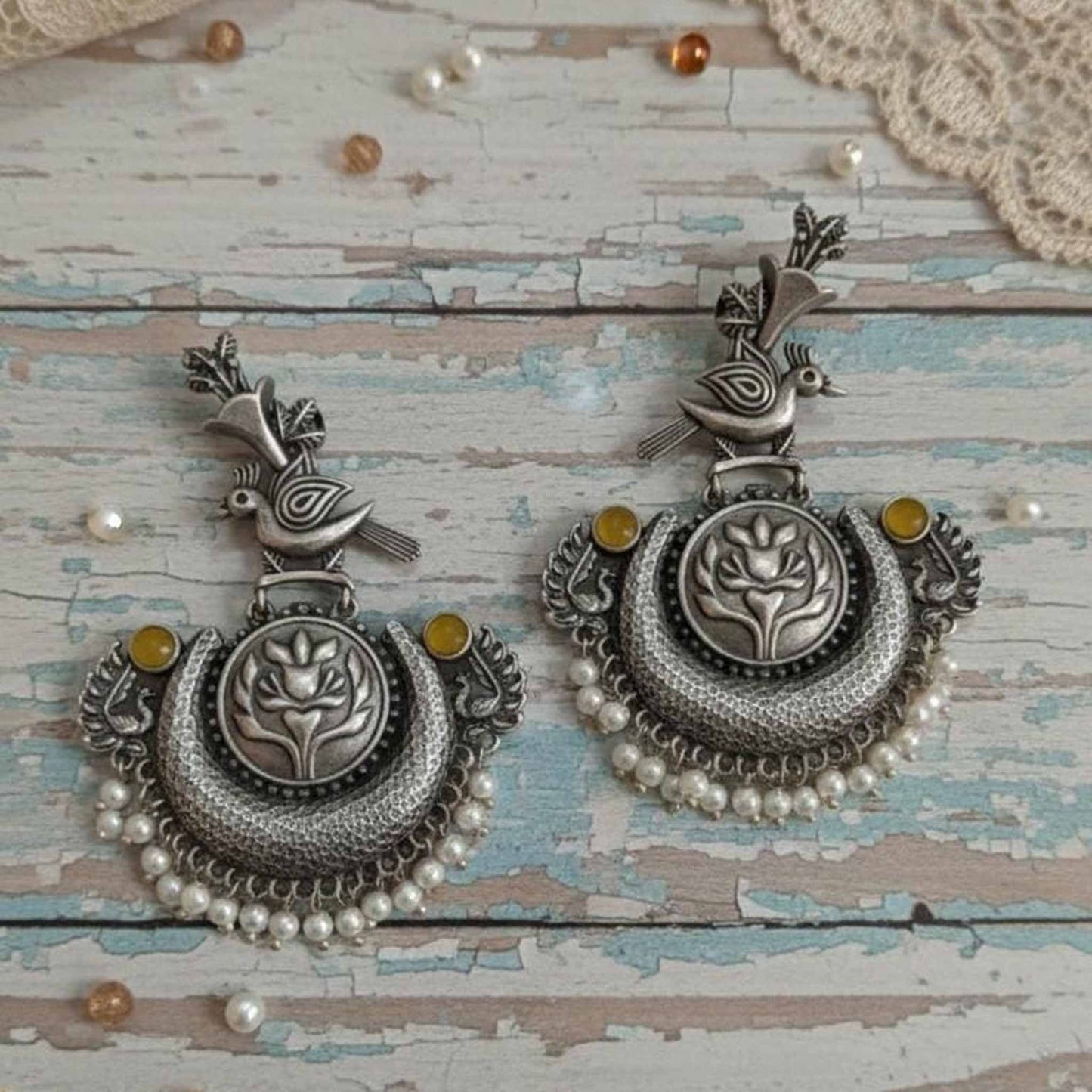 Bird & Lotus Motif German Silver Statement Chandbali Earrings