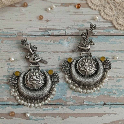 Bird & Lotus Motif German Silver Statement Chandbali Earrings