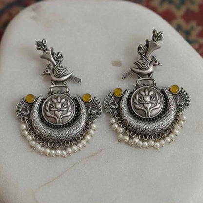 Bird & Lotus Motif German Silver Statement Chandbali Earrings