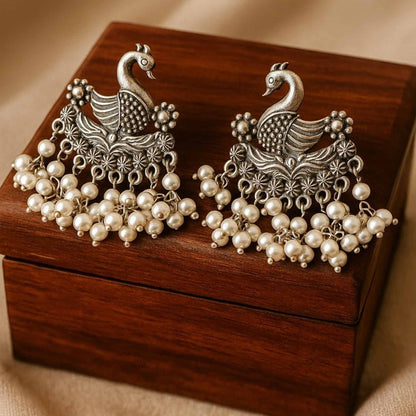 German Silver Peacock Pearl Dangle Earrings