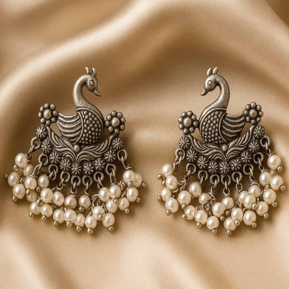 German Silver Peacock Pearl Dangle Earrings