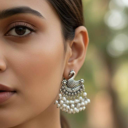 German Silver Peacock Pearl Dangle Earrings