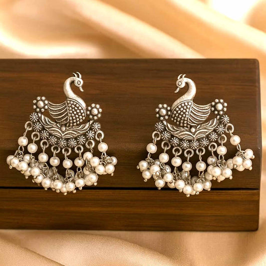 German Silver Peacock Pearl Dangle Earrings