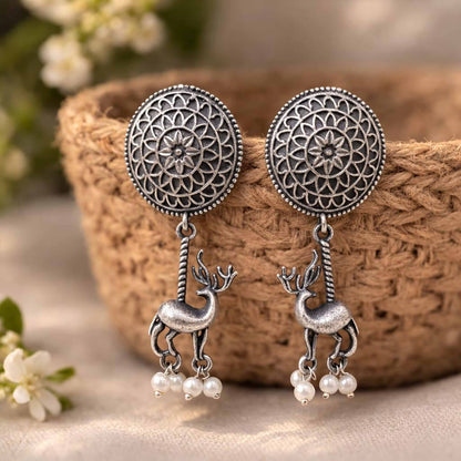 Deer Motif Mandala Drop Earrings with Pearl Detailing
