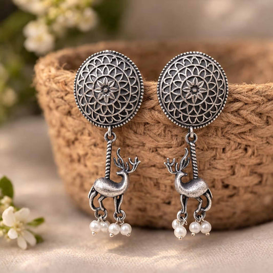 Deer Motif Mandala Drop Earrings with Pearl Detailing