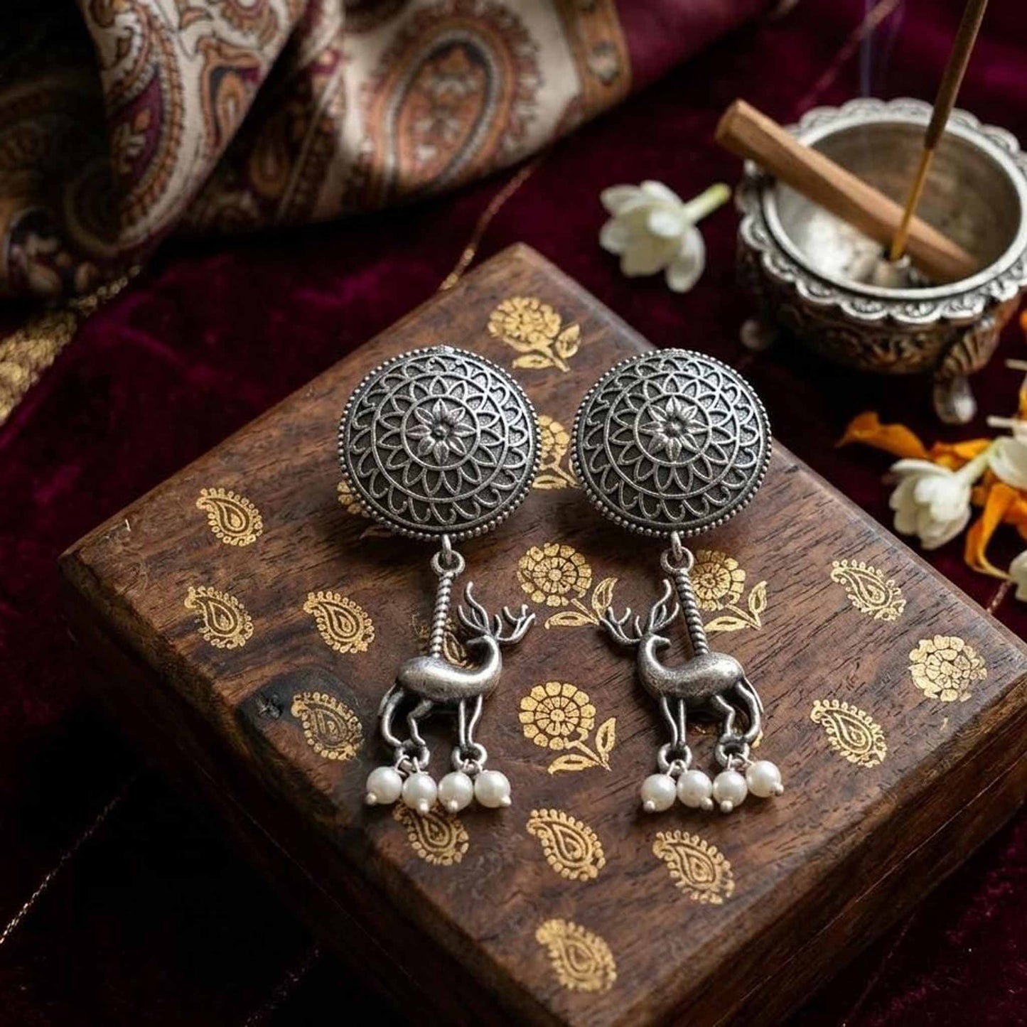Deer Motif Mandala Drop Earrings with Pearl Detailing
