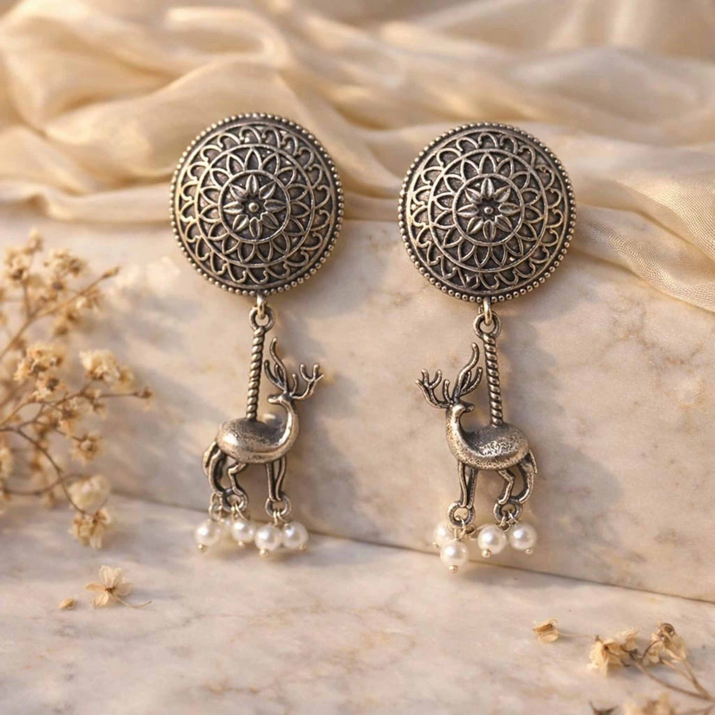Deer Motif Mandala Drop Earrings with Pearl Detailing
