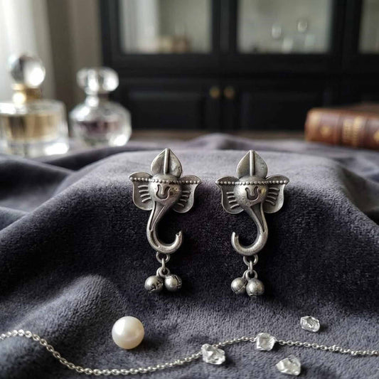 Ganesha ghungroo German silver earrings front styling view