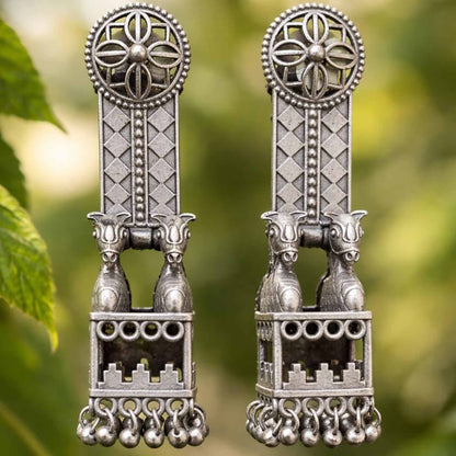Front view of German Silver horse jharokha earrings