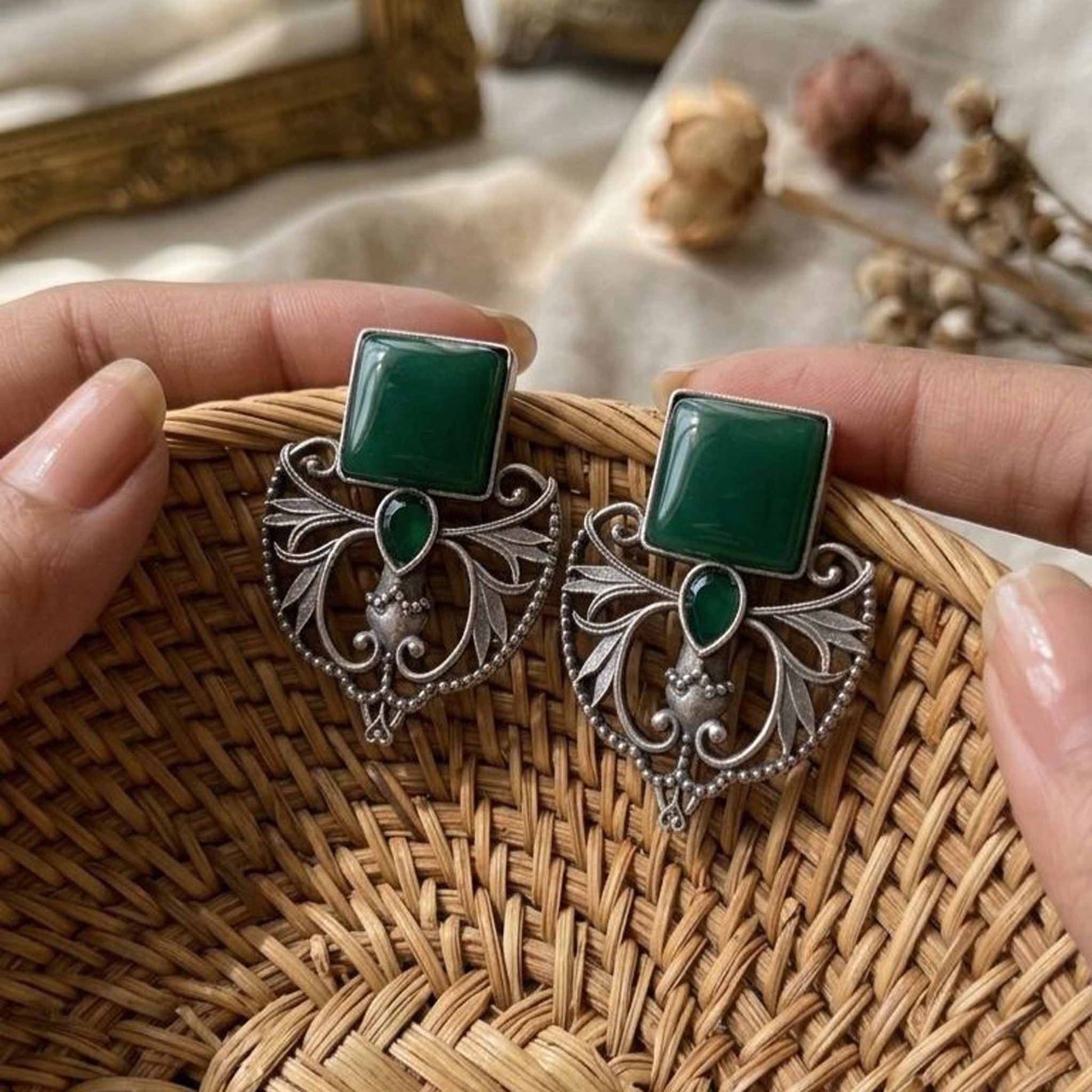 Emerald green Art Nouveau statement earrings