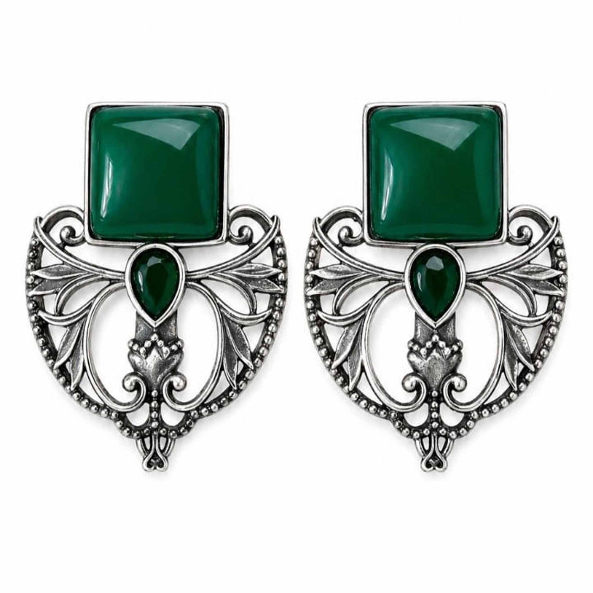 Front view of emerald green statement earrings