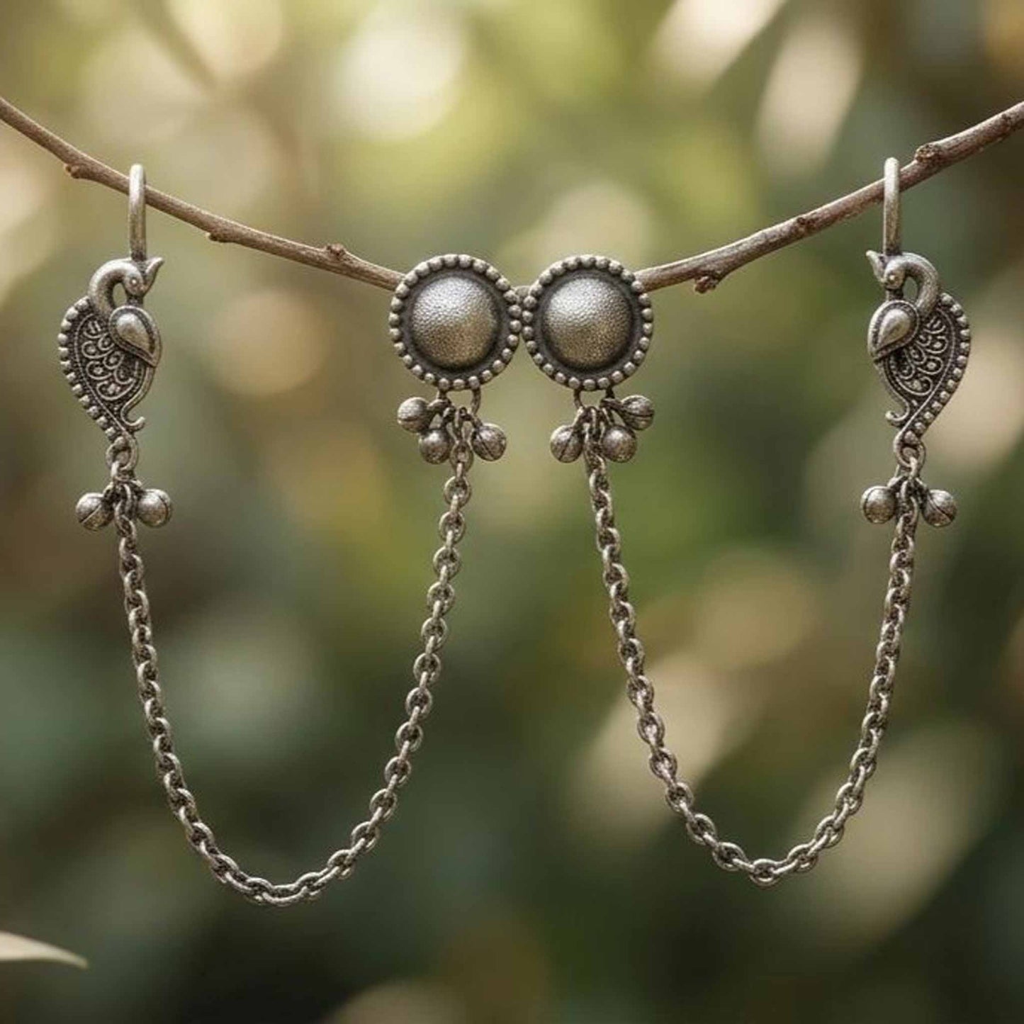German Silver peacock chain earrings hanging on branch
