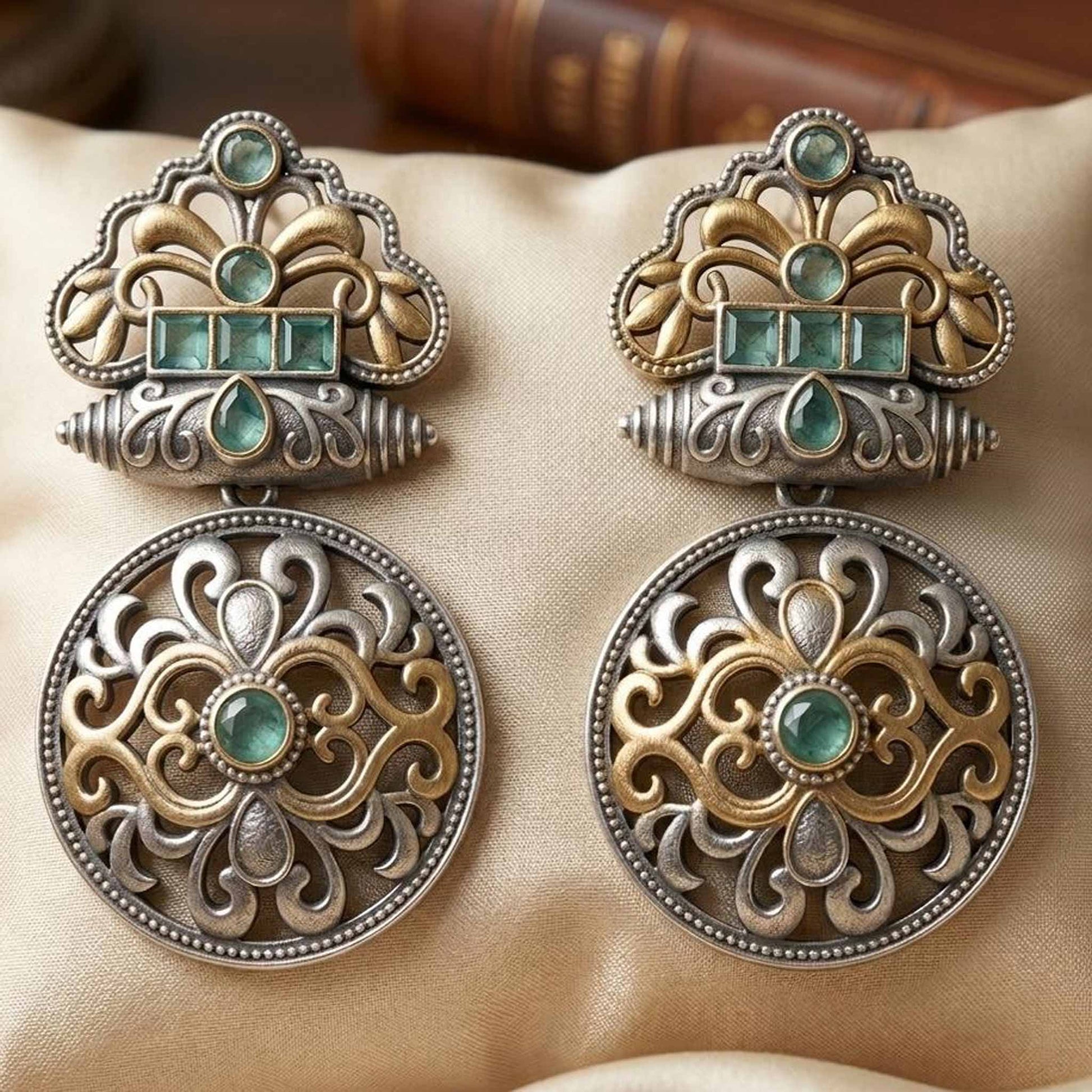German Silver Floral Dangle Statement Earrings - Image 6