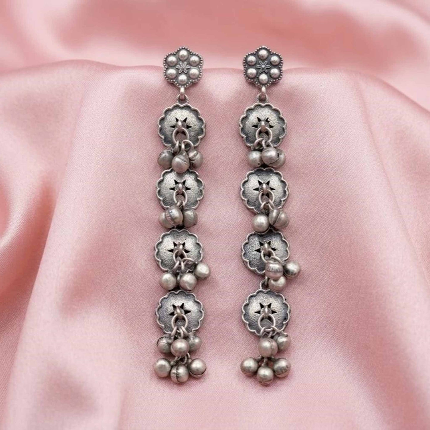 Ghughri Disc Drop Earrings satin background styling