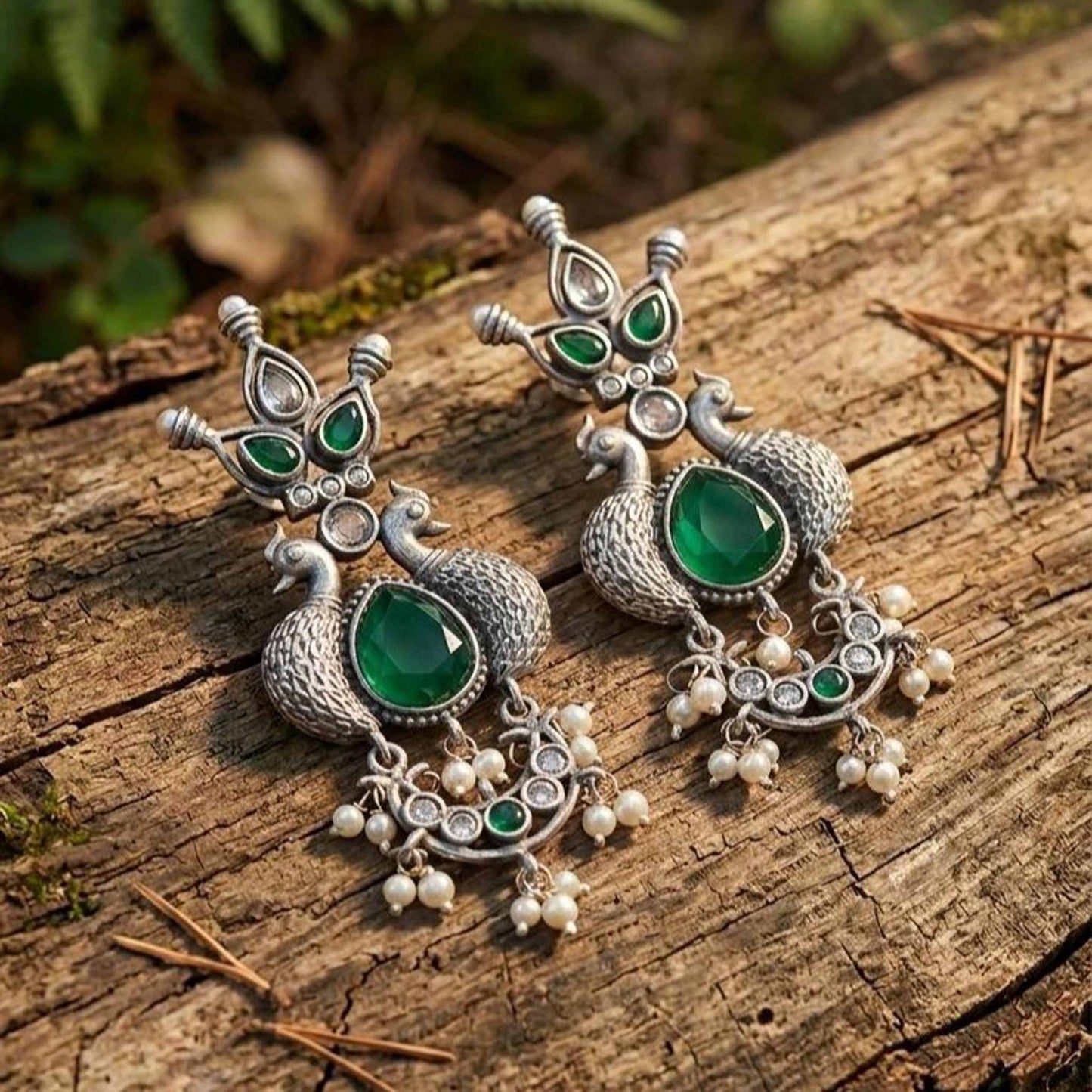 Peacock emerald earrings rustic styling