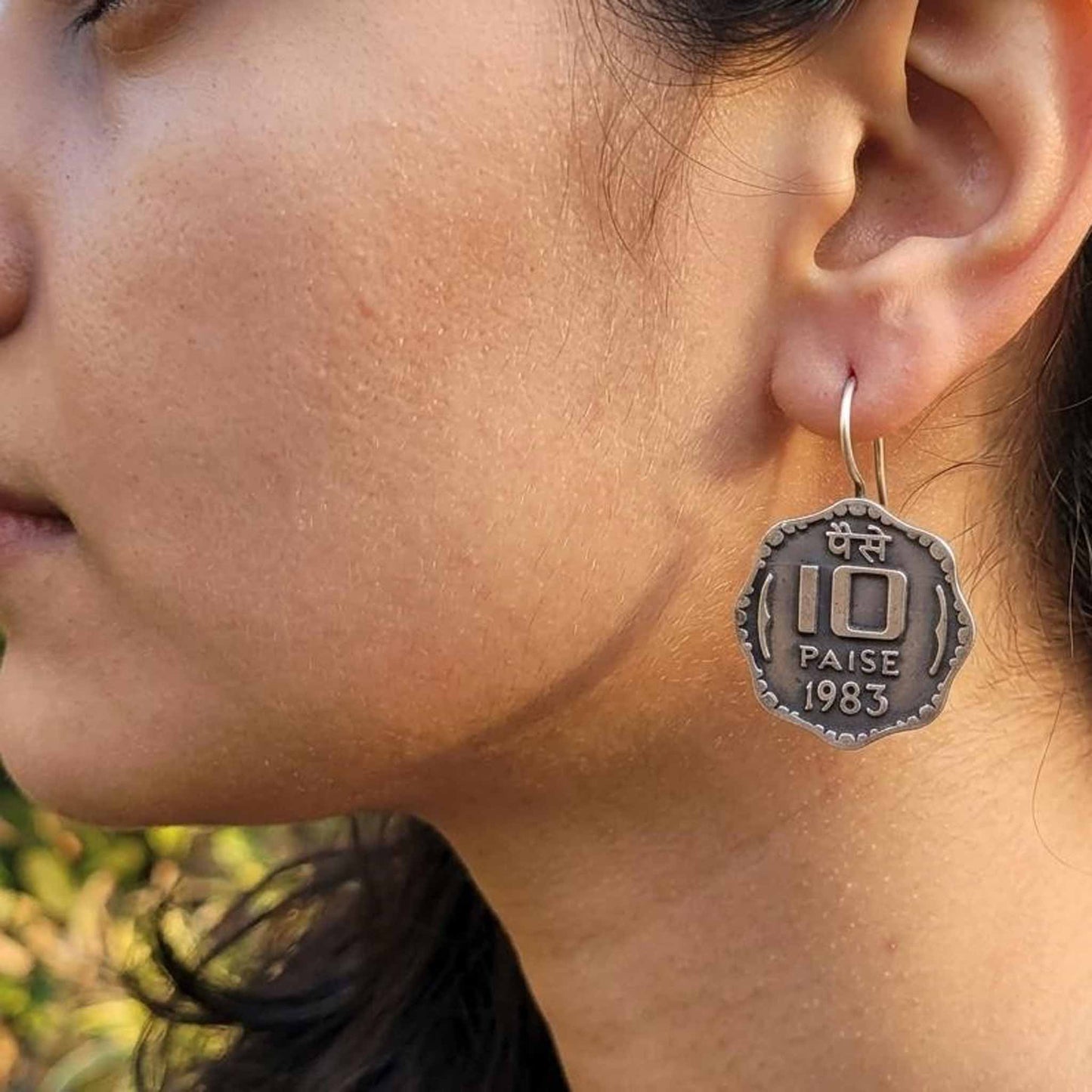 Vintage 10 paise 1983 coin earrings worn by model