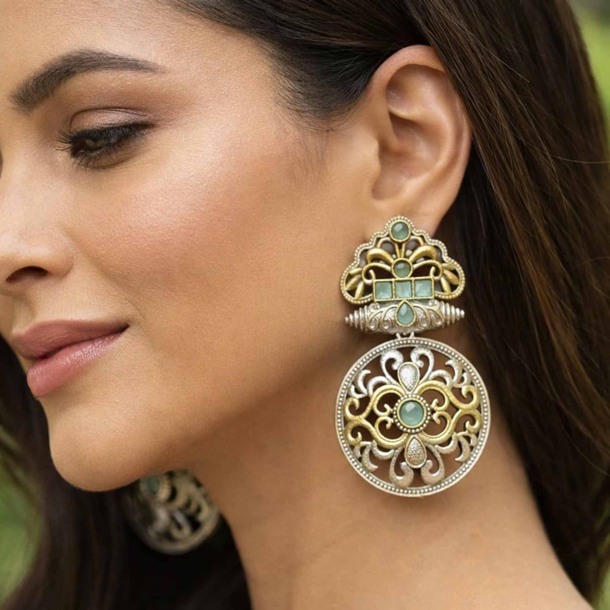 German Silver Floral Dangle Statement Earrings - Image 3