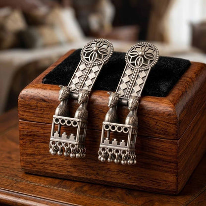 German Silver horse jharokha statement earrings on wooden jewellery box