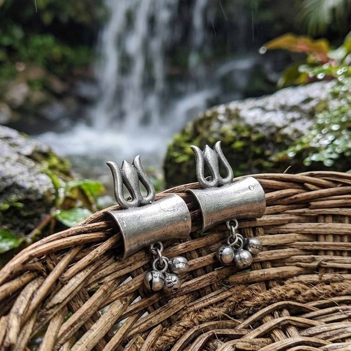 Trishul damru German Silver earrings with nature backdrop