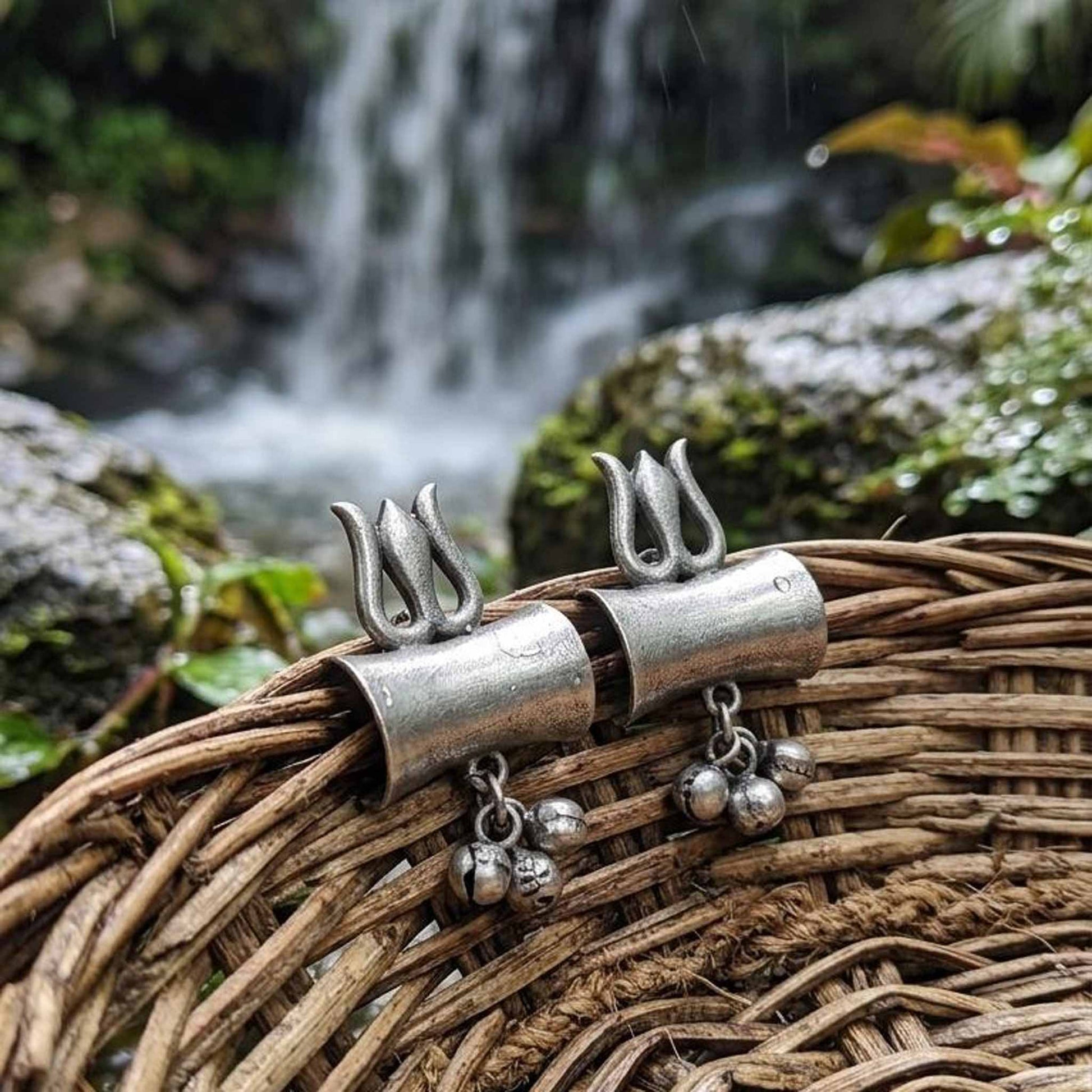 Trishul damru German Silver earrings with nature backdrop