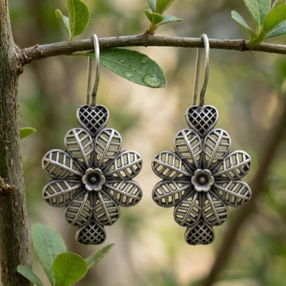 Nature styled German Silver floral heart earrings