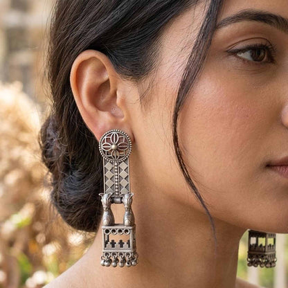 Horse jharokha long earrings worn by model