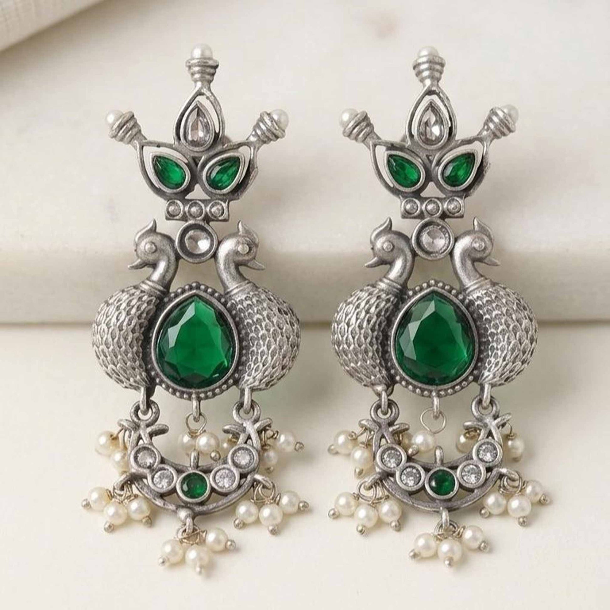 German Silver silver peacock earrings with pearl drops
