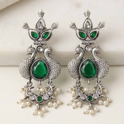 German Silver silver peacock earrings with pearl drops