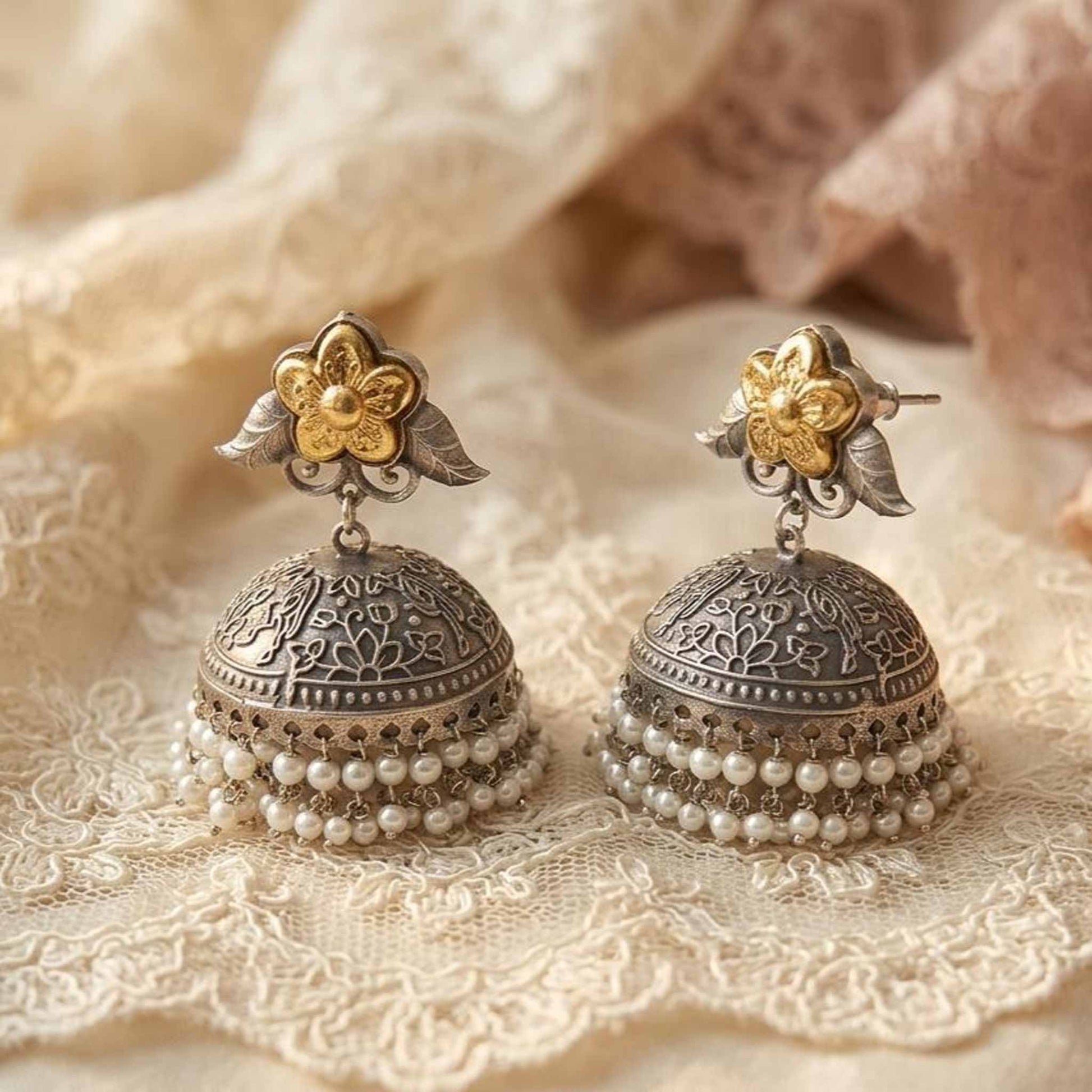 Elegant floral jhumka earrings with pearl bead danglers