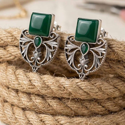 Antique silver emerald earrings on rope styling