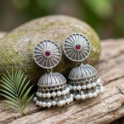 Traditional German Silver jhumka earrings outdoor styling