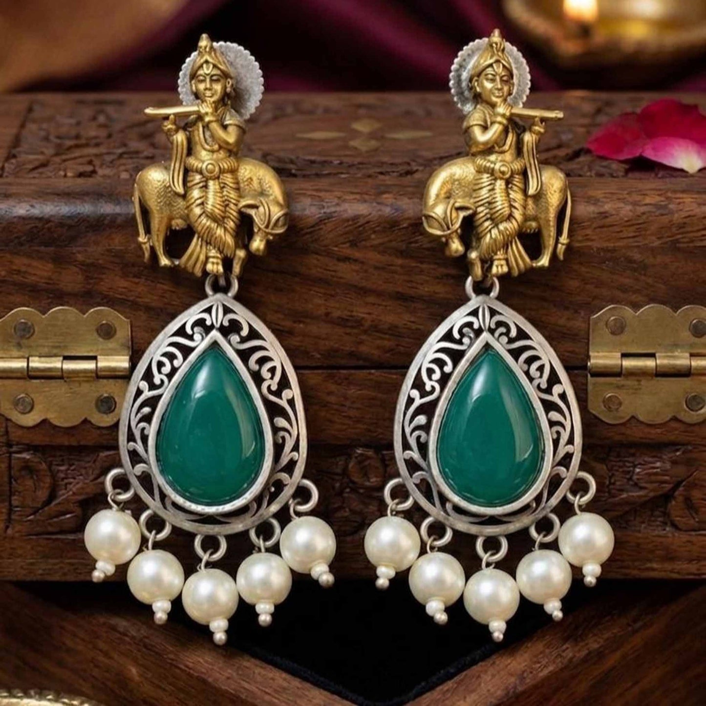 Front display of Krishna emerald pearl drop earrings